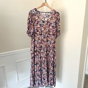 NATURAL LIFE Ruffle Tiered Midi Maxi Dress Pink Wildflowers Rayon Womens Medium